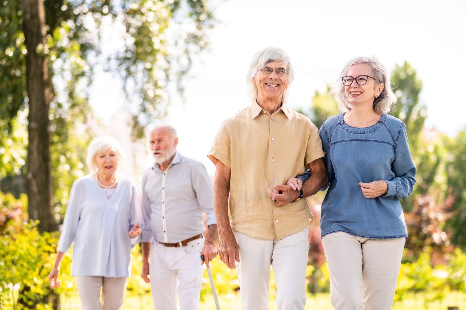 Group of happy elderly people bonding outdoors at the park, having fun and spending time together, concepts about elderly, seniority, and wellness aging